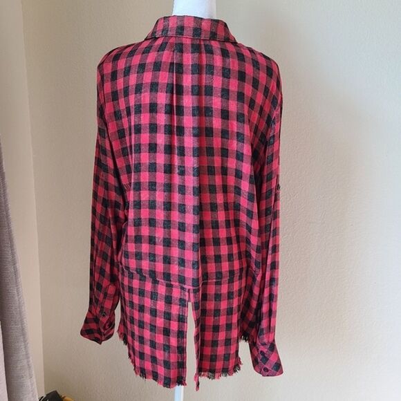 Cloth and‎ Stone Anthropologie Shirt Medium Buffalo Plaid Raw Hem Button Down - Picture 7 of 11